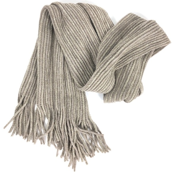 CHARMING CHARLIE Fringe Scarf Metallic Glitter Ribbed Neutral Minimalist Soft - Picture 1 of 5